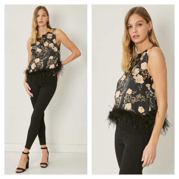 entro Tops Entro Black Floral Feather Trim Top Poshmark